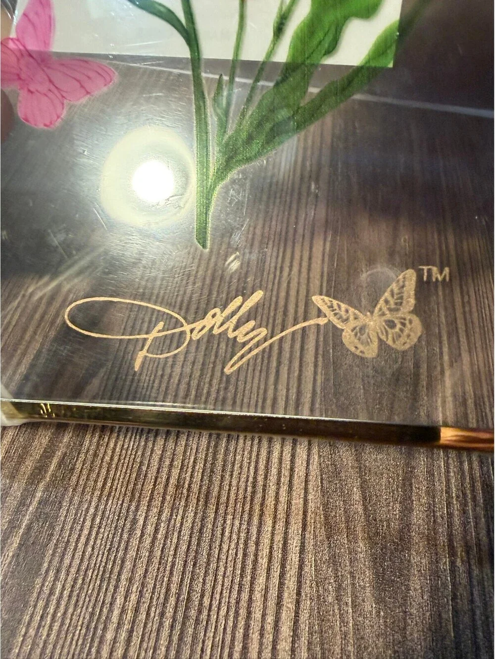 Dolly Parton Peri Blue Flowers Printed Glass Panel Butterfly Gold Chain NWT